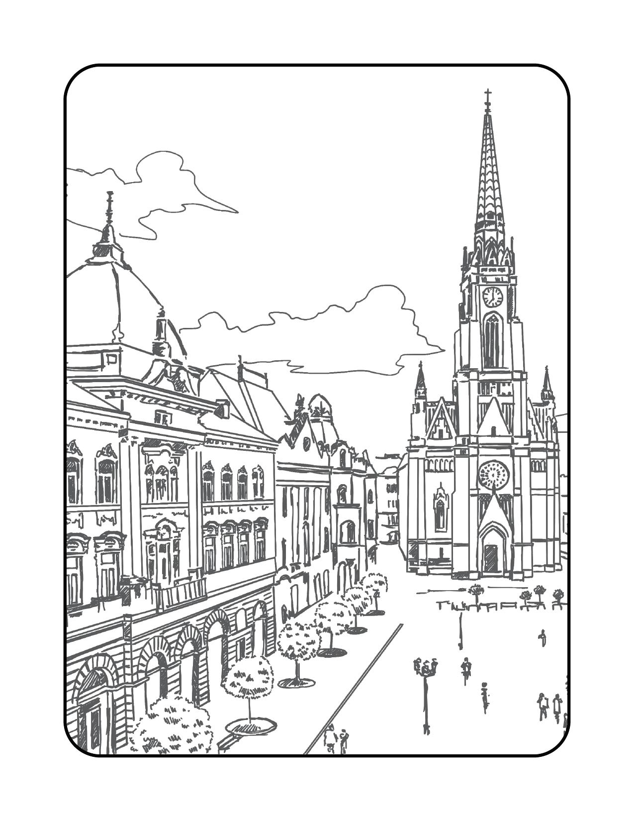 Página de exemplo para colorir do e-book Uma Tarde em Paris