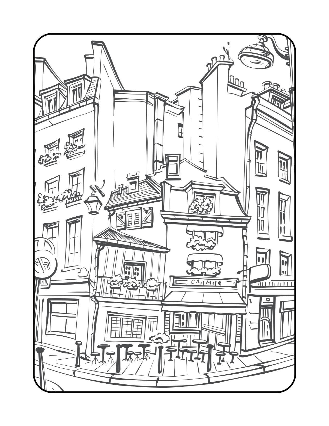 Página de exemplo para colorir do e-book Uma Tarde em Paris